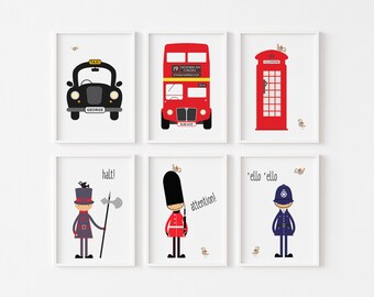 Set of 6 London Prints  -  London Bobby, Grenadier Guard, Yeoman Warder, London Bus, London Black Taxi, London Phonebooth, Nursery decor