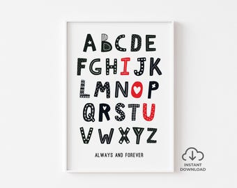 Scandi alphabet I LOVE YOU download, Typographic Art, Anniversary or Valentines Day Gift Idea