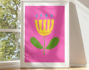 Modern Pink Flower Art Print – Digital Botanical Wall Art – Bright Scandinavian Floral Poster – Instant Download