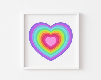 Neon Rainbow Heart Print – Colourful Modern Wall Art for Kids, Playrooms or Galleries – Bright Pop Art Style – Retro Aesthetic decor