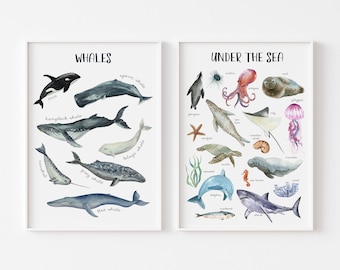 Sea Creatures Prints, Under the Sea Wall Art, Nautical Nursery Art, Ocean Animal Nursery, Oceanic Animals, Beach Decor, Set of 2