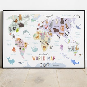 Impression personnalisée de carte du monde pour enfants, carte du monde animal, décoration d'art murale pour chambre d'enfant, affiche de salle de jeux, décoration de chambre d'enfant, idée cadeau pour nouveau-né