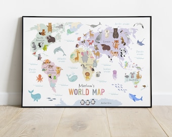 Personalised Children's World Map Print, Animal World Map, Nursery Wall Art Decor, Playroom Poster, Kids Room Decor, New Baby Gift Idea