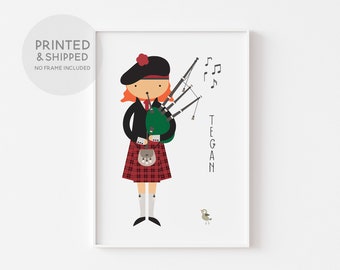 Personalised Scottish Girl Piper Print, Bagpipes, Nursery décor, New Baby Gift, Scotland Wall Art, Personalised Print, Scottish Print