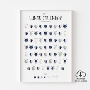 2025 Mondkalender DOWNLOAD | SÜD halbkugel | Illustrierte Mondphasen, Vollmonde, Finsternisse & Meteorschauer | Mehrere Größen