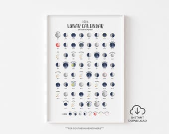 2026 Lunar Calendar Download | SOUTHERN HEMISPHERE | Illustrated Moon Phases, Full Moons, Eclipses & Meteor Showers | Sizes A4, A3