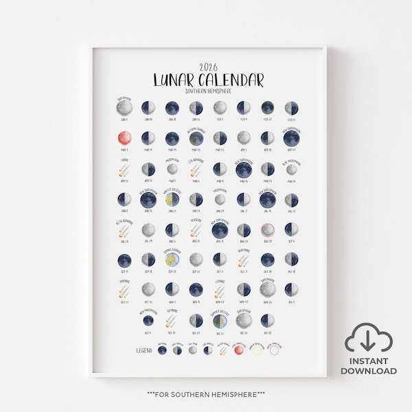 2026 Mondkalender Download | SÜDHEMISPHÄRE | Illustrierte Mondphasen, Vollmonde, Finsternisse & Meteorschauer | Größen A4, A3