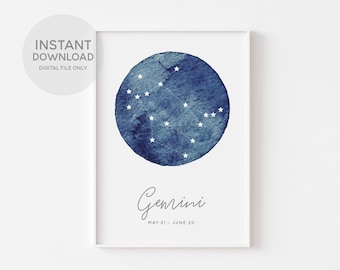 TWEELINGEN Zodiac Constellation Print, Star Sign Print, Astrologie Cadeau, DIGITALE DOWNLOAD