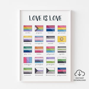 May include: A printable poster featuring the text "LOVE IS LOVE" and a grid of 20 different pride flags, each with a label underneath. The flags represent various sexual orientations and gender identities.
