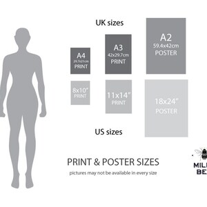 Pu&ograve; includere: Un grafico che mostra diverse dimensioni di stampa e poster in pollici e centimetri. Il grafico include una silhouette di una persona per mostrare la dimensione relativa di ogni stampa e poster. Il grafico include anche il testo "UK sizes", "US sizes", "PRINT & POSTER SIZES", "pictures may not be available in every size", "MILLY BEE".