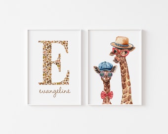 Set of 2 Giraffe Prints, Personalised Letter name art, Hipster giraffes, Giraffe Wall Art, Watercolour, Kids room décor, monogram initial