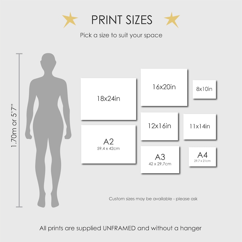 May include: A size guide chart for prints featuring a grey silhouette of a person next to a vertical measurement of 1.70m or 5'7". The chart displays various rectangular print sizes including 18x24in, 16x20in, 12x16in, 11x14in, 8x10in, A2, A3, and A4.