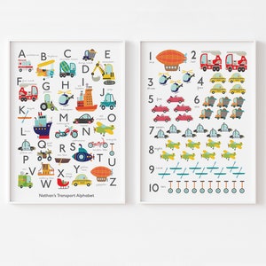 TRANSPORT Alphabet & Numbers Print Set, Boys Room Nursery Wall Art, Vehicles and Transportation, Nursery Décor, Gift for Boys, Personalised