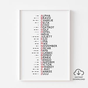 Morse Code Print, Phonetic Alphabet Print, Military Alphabet, NATO, ICAO, Radiotelephony, ABC Phonetic, Printable, Red Version