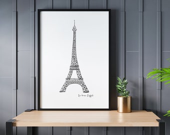 EIFFEL TOWER Print from sketch, Paris Wall Art, Teen Girl Wall Art, Girl's room décor, Line Art, Paris Travel Poster