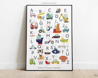 Personalised TRANSPORT Alphabet Print, Boys Room Nursery Wall Art, Vehicles and Transportation Picture, Nursery Décor, Gift for Boys