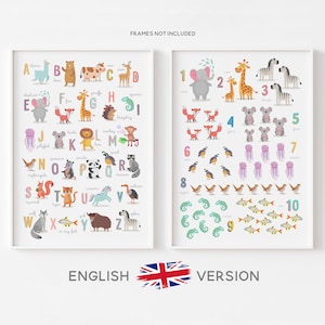 Animal Alphabet and Numbers Print Set, ABC and Counting Posters, Nursery Wall Art, Nursery Décor, Kids Room Décor, Personalised, Unframed