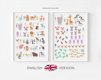 Animal Alphabet and Numbers Print Set, ABC and Counting Posters, Nursery Wall Art, Nursery Décor, Kids Room Décor, Personalised, Unframed