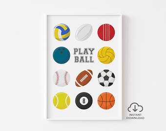 Stampa artistica da parete con palloni sportivi Play Ball – Decorazione per la cameretta dei bambini (Download digitale)