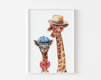 Giraffe Wall Art, Watercolour Print, Kids Room Décor, Teen Girl Wall Art, Girl's Wall Art, Gift for Tween Girl, Hipster Giraffes Print