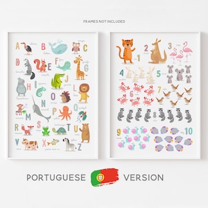 PORTUGUESE Animal Alphabet and Numbers Print Set, PORTUGUESE ABC and Counting Posters, Nursery Wall Art, Nursery Décor, Kids Room Décor