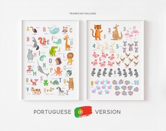 PORTUGUESE Animal Alphabet and Numbers Print Set, PORTUGUESE ABC and Counting Posters, Nursery Wall Art, Nursery Décor, Kids Room Décor