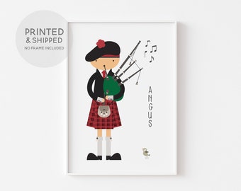 Personalised Scottish Piper Print, Bagpipes, Nursery décor, New Baby Gift, Scotland Wall Art, Personalised Print, Scottish Print