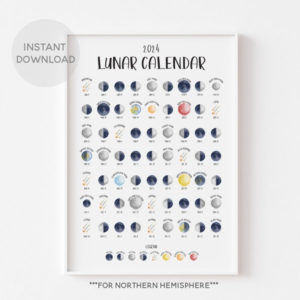 Calendario lunare 2024, Emisfero settentrionale, DOWNLOAD, Pianificatore della luna piena, Stampa delle fasi lunari, Amante della luna, Idea regalo lunare, Fasi lunari