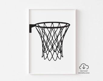 Väggkonst för basketkorgen – Modern svartvit sportposter – Tonårsrumsinredning – Basketbollstavla som laddas ner direkt