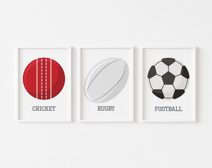 Set of 3 British Sports Ball Prints - FOOTBALL, CRICKET and RUGBY, Sports Wall Art Print, Sports Theme Kids Room, Game Room Décor,