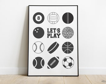 LET'S PLAY Sports Balls Print -  MONOCHROME Sports Wall Art Print, Sports Theme Kids Room, Game Room Décor, Sports Fan Gift