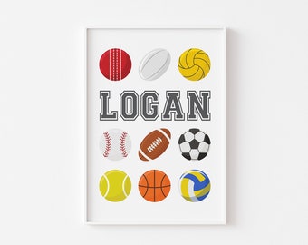 May include: A white framed print with a black and gray sports theme. The print features the name "LOGAN" in a bold font and nine different sports balls, including a baseball, basketball, football, soccer ball, tennis ball, volleyball, rugby ball, cricket ball, and water polo ball.