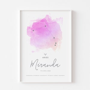 Constellation du zodiaque personnalisée |  Nom personnalisé, date de naissance et traits de caractère | Art mural astrologie avec fond aquarelle