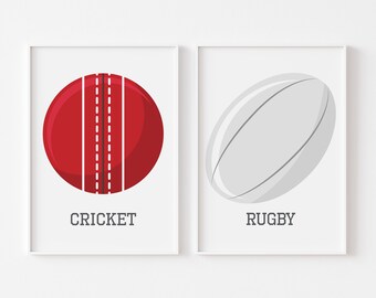 Sports Ball Prints - CRICKET and RUGBY, Sports Wall Art Print, Sports Theme Kids Room, Game Room Décor, Set of 2