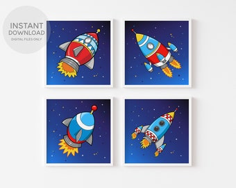 Space Rocket Wall Art, PRINTABLE Set of 4 Space Rockets, Kids Room Rockets , Space theme nursery décor, Download only