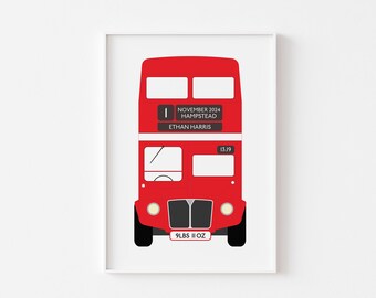 Personalised London Bus Print | Custom Birth Details Print | London Theme Nursery décor | New Baby Gift | Christening Gift