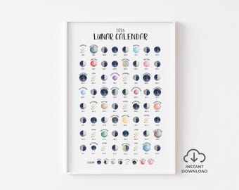 2026 Lunar Calendar DOWNLOAD | NORTHERN Hemisphere | Illustrated Moon Phases, Full Moons, Eclipses & Meteor Showers | Multiple Sizes