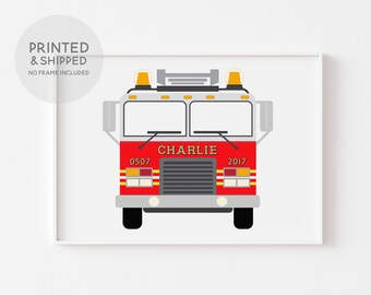 Personalised Fire Engine Print, Fire Truck Wall Art, Nursery Décor, Boys Bedroom Art, New Baby Gift, Firetruck Wall Art