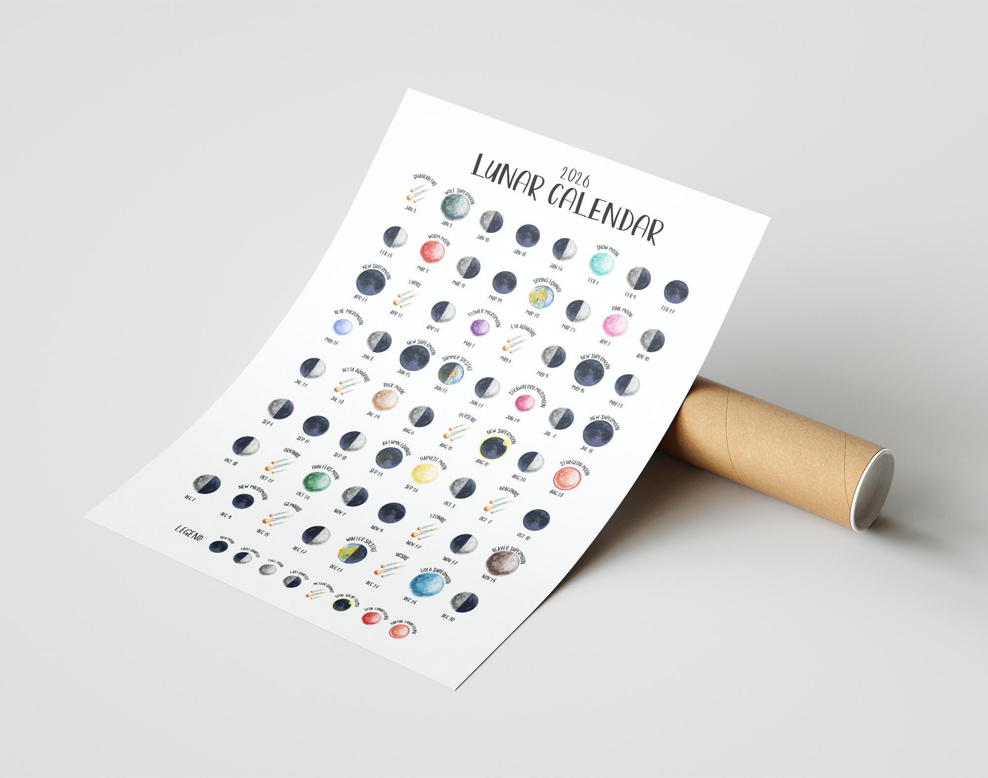 Calendario lunar 2026 impreso / Hemisferio NORTE / Fases lunares ilustradas  y nombres de lunas llenas / Muestra eclipses, lluvias de meteoros y  superlunas - Etsy México, image size:2000x1575