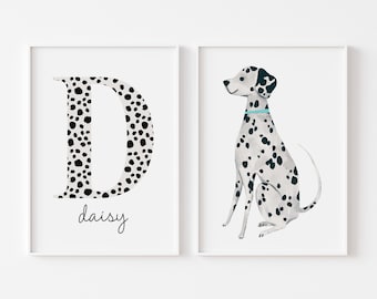 Ensemble d’imprimés de chien dalmate, Art de nom de lettre personnalisé, Aquarelle, Décoration de chambre d’enfant, initiale de monogramme