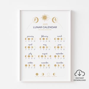2025 Lunar Calendar Instant Download Print, SOUTHERN HEMISPHERE, Boho Style Moon Phase Calendar, Moon Phase Wall Art, Moon lover gift idea