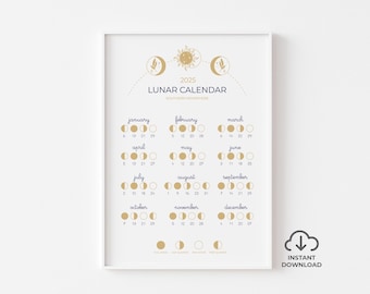 2025 Lunar Calendar Instant Download Print, SOUTHERN HEMISPHERE, Boho Style Moon Phase Calendar, Moon Phase Wall Art, Moon lover gift idea