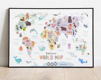 Personalised Children's World Map Print, Animal World Map, Nursery Wall Art Decor, Playroom Poster, Kids Room Decor, New Baby Gift Idea