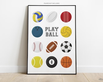 Sports Balls Print, Sports Wall Art Print, Sports Theme Kids Room, Game Room Décor, Sports Fan Gift, Boys Room décor