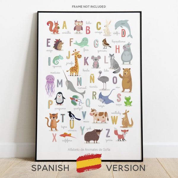 SPANISH Animal Alphabet, Personalised Animal ABC, Nursery Wall Art, Christening Gift, New Baby Gift, Nursery Décor, ABC Poster