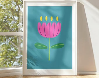 Modern Pink Flower Wall Art - Instant Download Digital Print - Scandinavian Style Botanical Print - Part of a Colourful Series