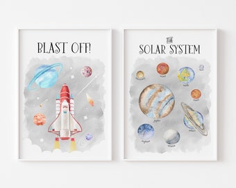 SPACE Prints Light Grey Background, Planets Wall Art, Solar System Wall Art, Space Theme Room, Space Rocket Print, Nursery Décor,Set of 2