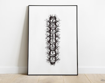 Caterpillar  Print, Sketched Black and White Insect Print, Entomology, Boys room décor