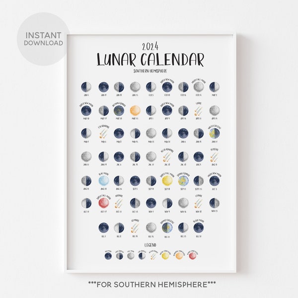 2024 Lunar Calendar, SOUTHERN HEMISPHERE, Full Moon Planner, Moon Phase Print, Meteor Shower Dates, Moon Lover, Moon Gift Idea, DOWNLOAD