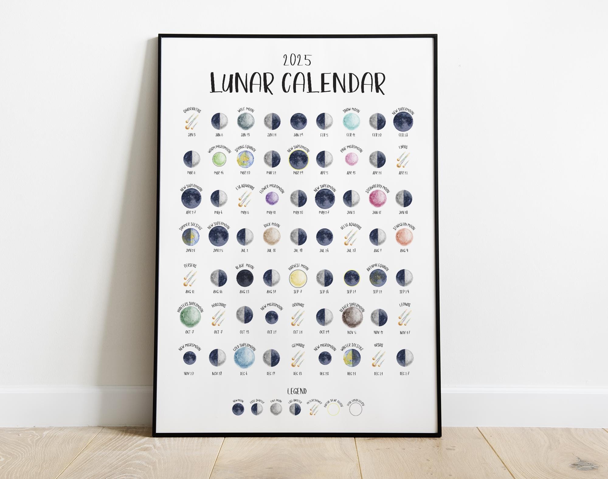 2025 Lunar Calendar Print | NORTHERN Hemisphere | Illustrated Moon Phases & Full Moon Names | Shows Eclipses, Meteor Showers and Supermoons